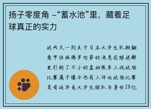 扬子零度角 -“蓄水池”里，藏着足球真正的实力